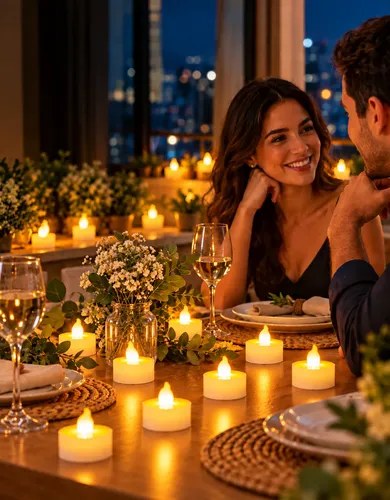 Mesa de jantar na varanda à noite com várias velas de LED acesas, foto do anúncio do produto no Mercado Livre