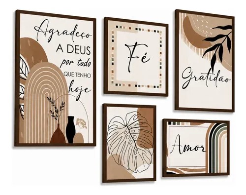 Kit com cinco quadros decorativos em MDF com frases fé, gratidão e amor em tons terrosos, foto do anúncio do produto no Mercado Livre